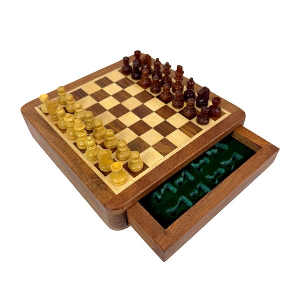 Magnetic Acacia Wood Chess Set with Storage Drawer 7 Inch Tabletop Game